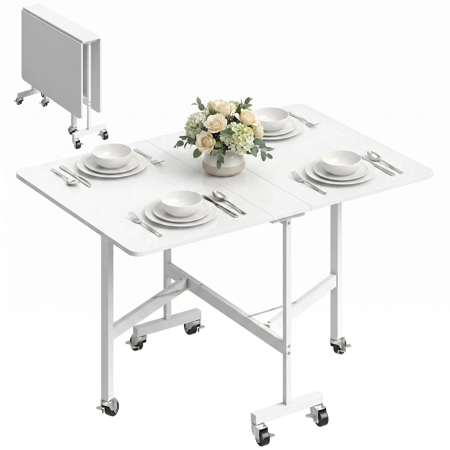 HOMCOM Six-Seater Drop-Leaf Dining Table with Wheels White