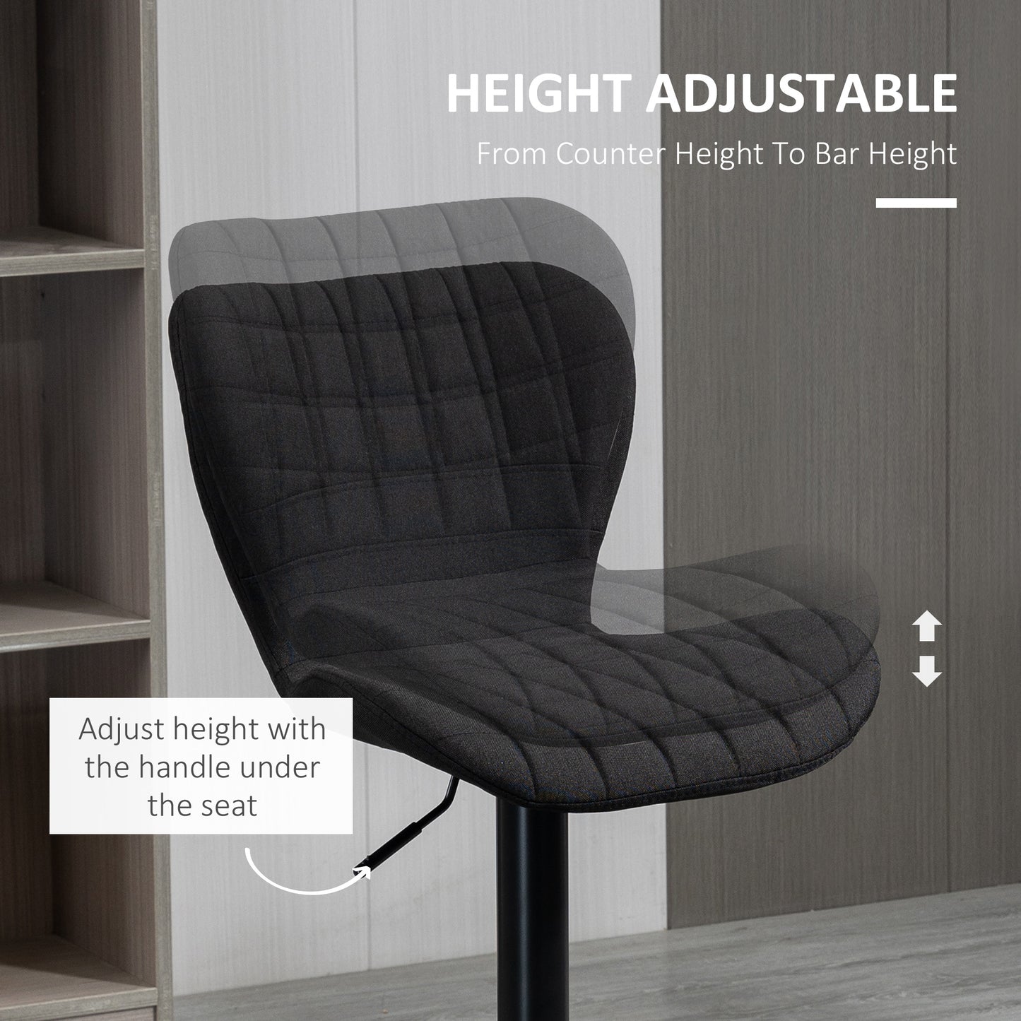 Set of 2 Adjustable Height Swivel Bar Stools, Linen Fabric, Backrest, Footrest, Black