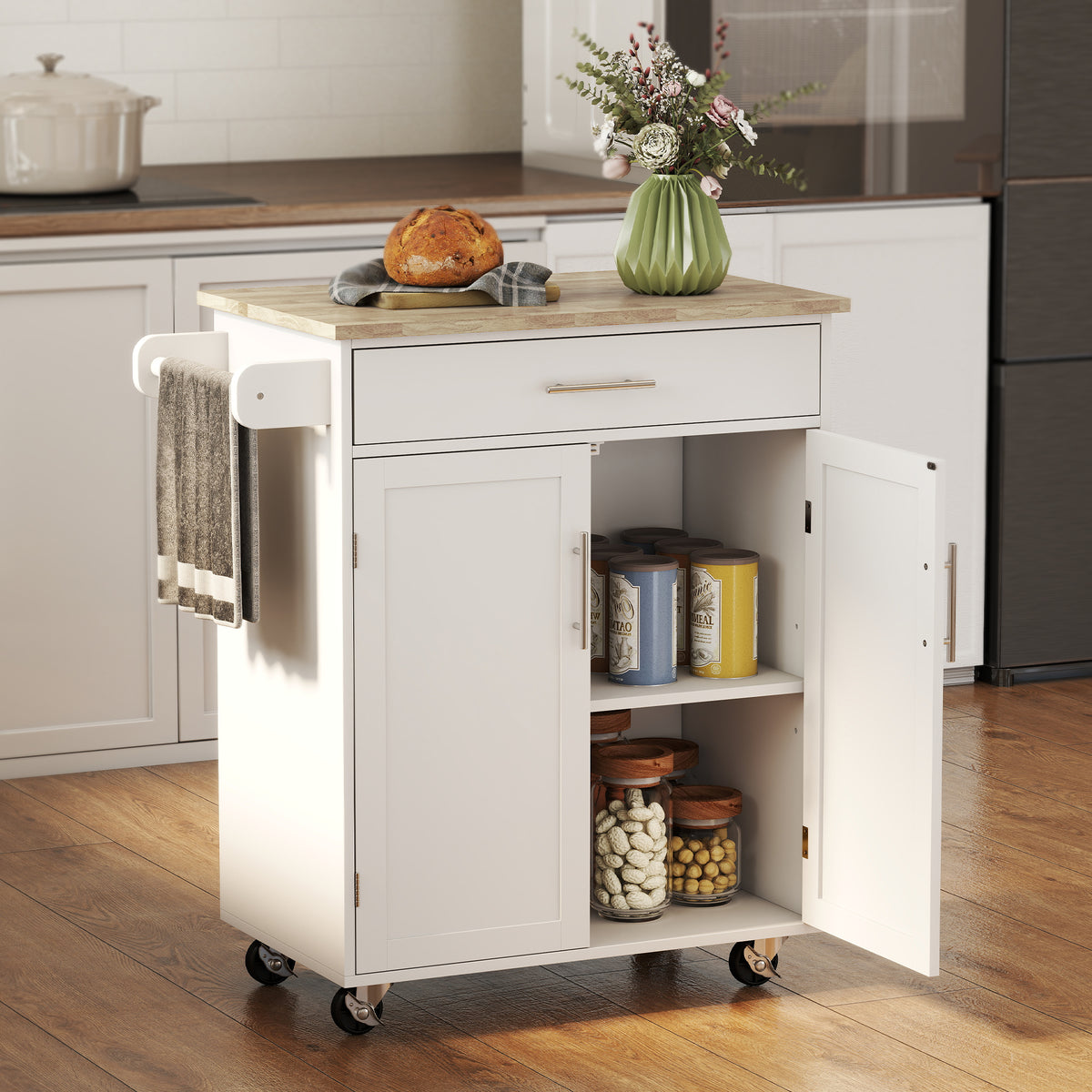 Rolling Kitchen Island Cart with Wood Top – 33"W x 36"H