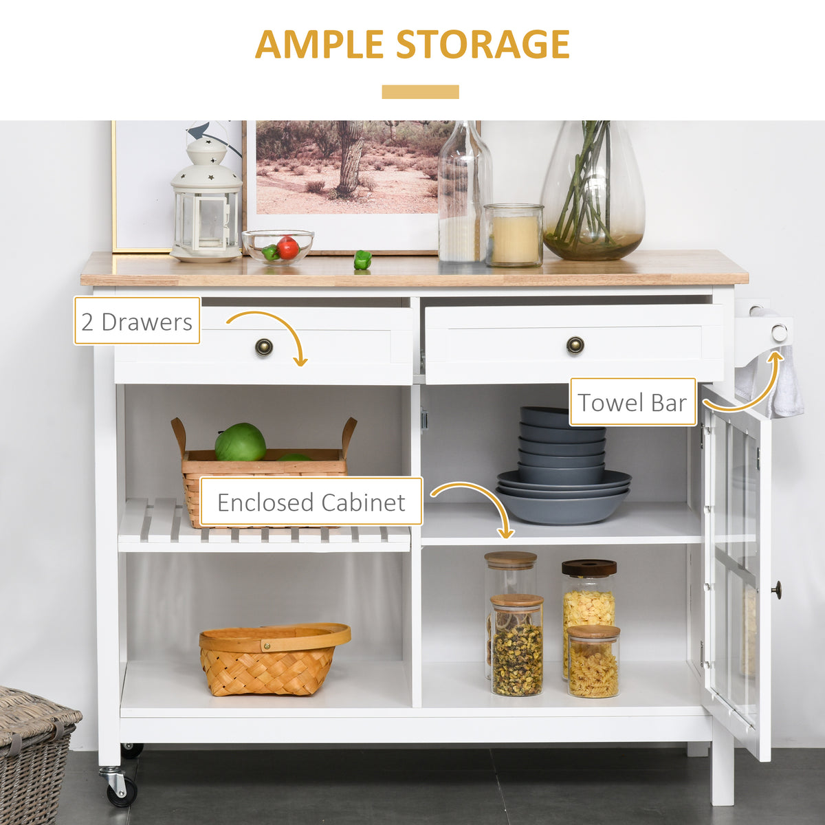 Kitchen Cart on Wheels with Rubber Wood Top – 45"W x 34"H