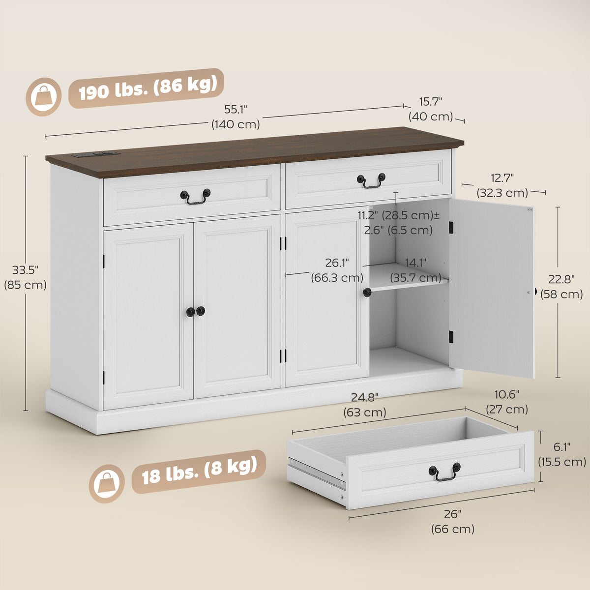 Farmhouse Sideboard with Charging Station – 55"W x 33"H