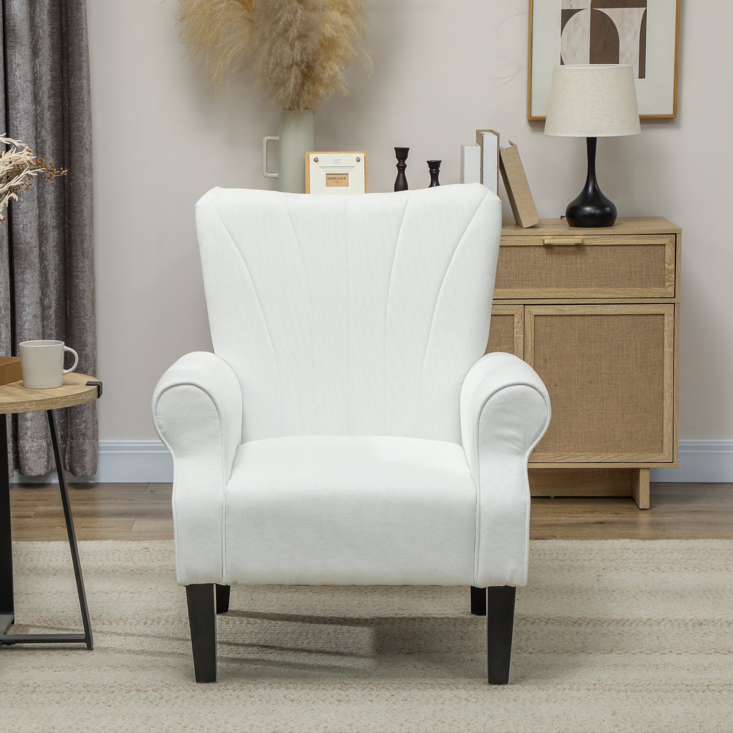 HOMCOM Modern Fabric Accent Armchair, Cream White with Sturdy Wood Legs