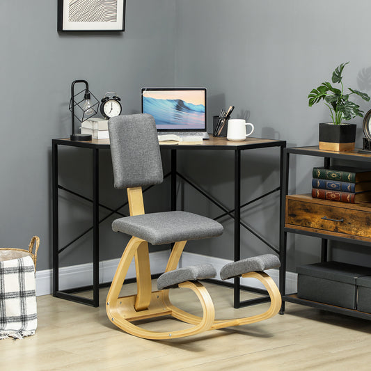 Ergonomic Kneeling Chair, Rocking Wood Kneel Stool with Backrest for Improved Posture, Grey