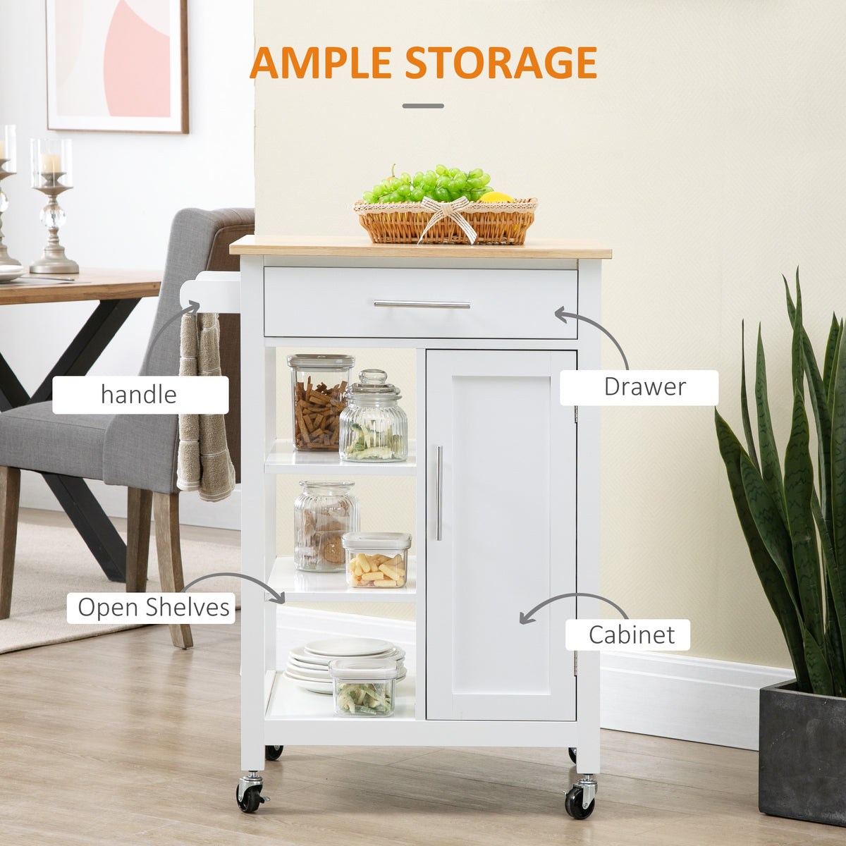 Compact Kitchen Cart on Wheels with Open Shelf & Storage Drawer – 27"W x 35"H