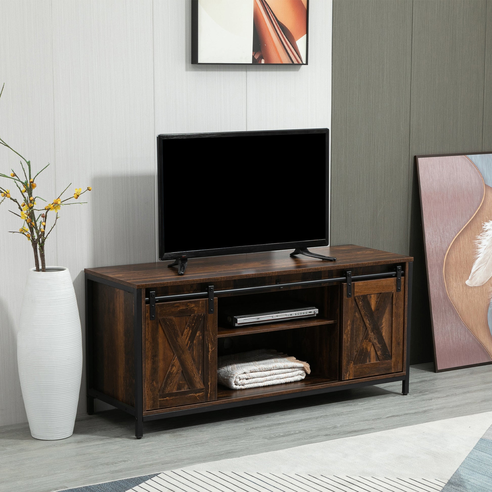 HOMCOM Industrial TV Stand for 60-inch TVs, Sliding Barn Doors & Storage, Brown