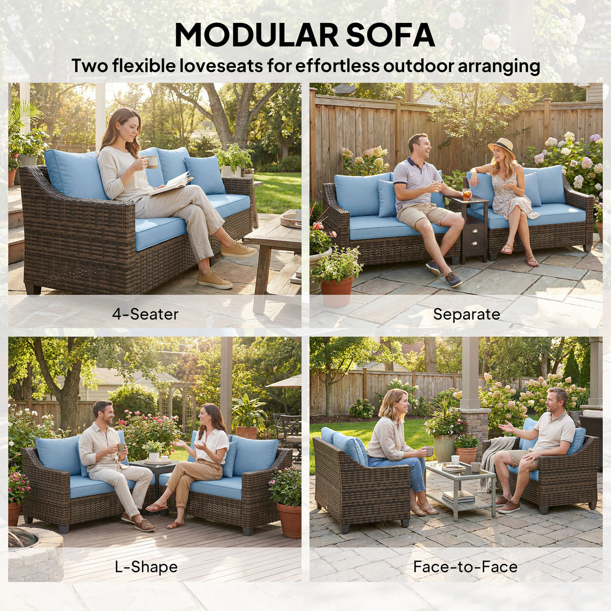 PE Wicker Outdoor Couch Sofa, 4-Seater Modular Patio Furniture Lounge Set with 2 Loveseats, Cushions, Pillows
