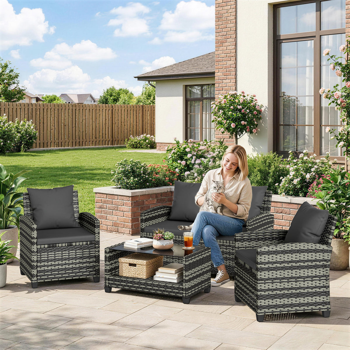 4-Piece Outdoor Wicker Patio Furniture Conversation Set, Includes Loveseat, Chairs and 2-Tier Table with Cushions, Modern Rattan Sofa Set for Backyard – Dark Grey