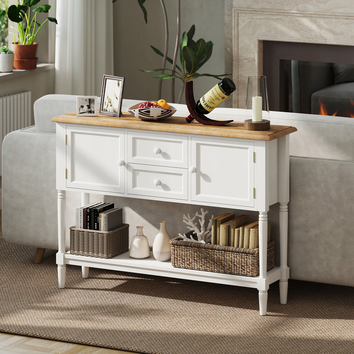 Vintage Console Table with 2 Drawers & Cabinets