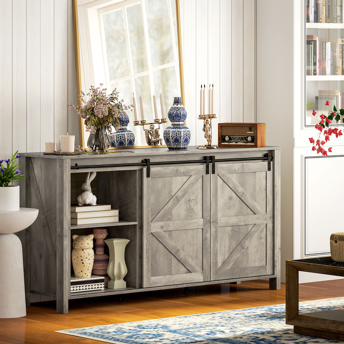 Farmhouse Sideboard with Sliding Barn Doors – 60"W x 31"H