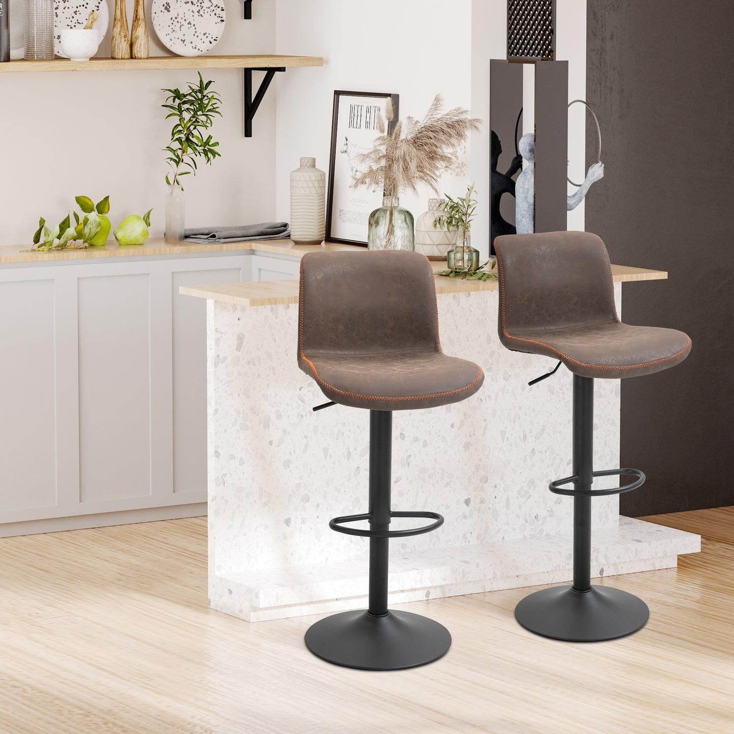 HOMCOM 2-Piece Swivel Brown PU Leather Adjustable Counter Height Bar Stools