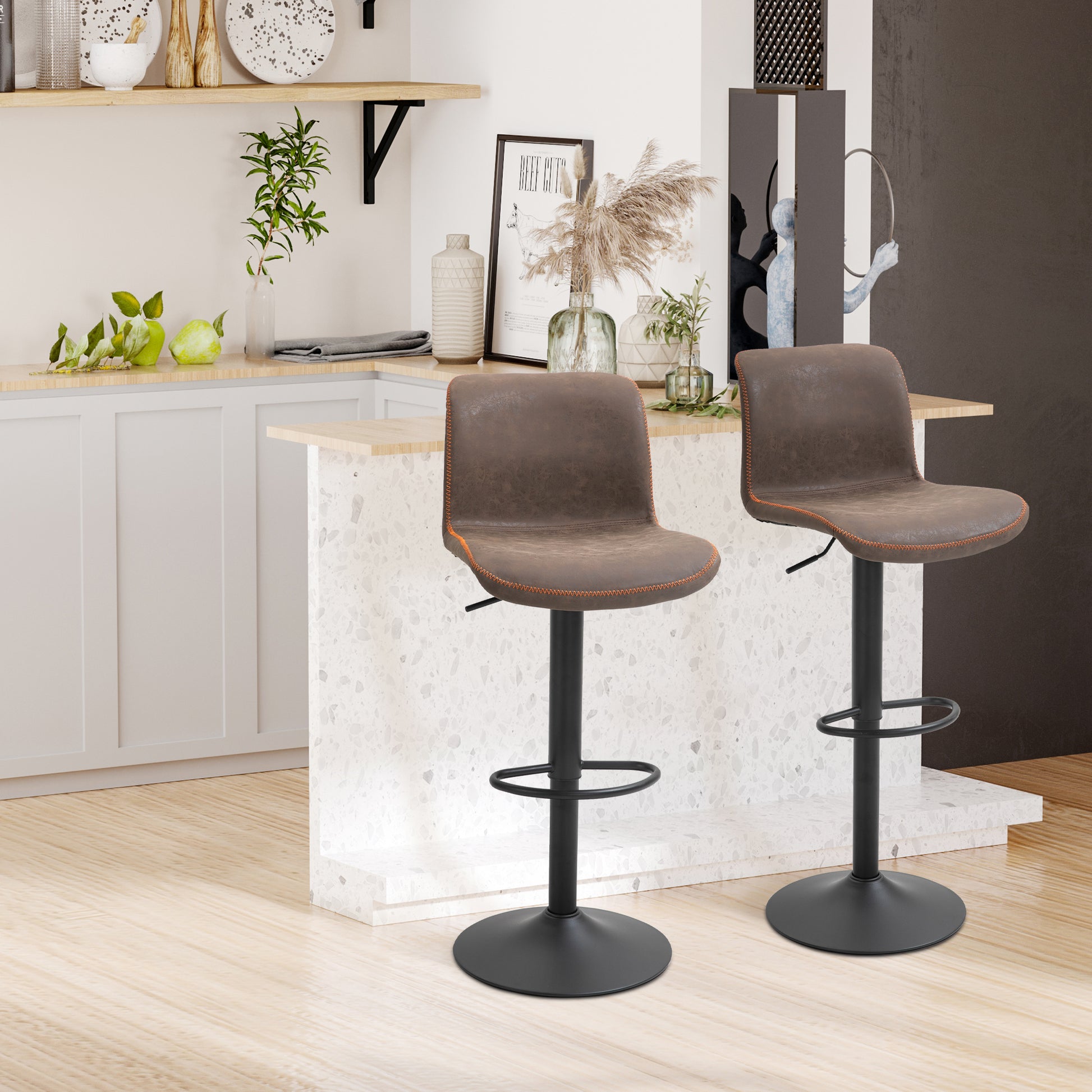 HOMCOM 2-Piece Swivel Brown PU Leather Adjustable Counter Height Bar Stools