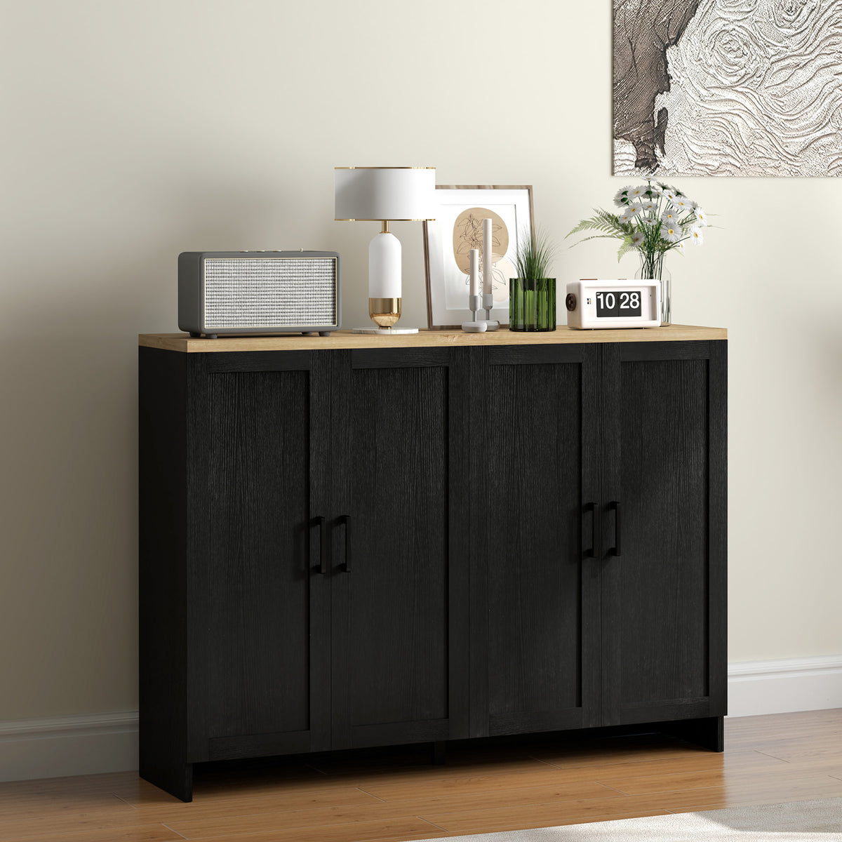 Modern Kitchen Storage Cabinet with 4 Doors Adjustable Shelves – 47"W x 35"H