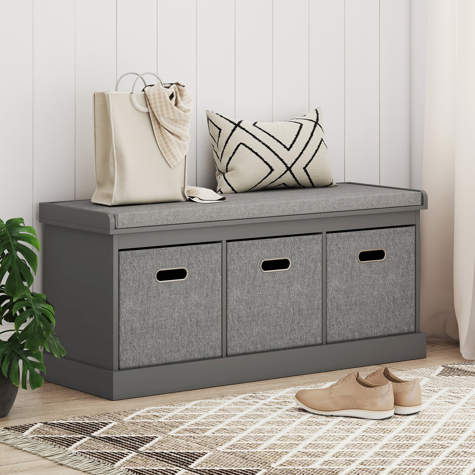 HOMCOM Grey Entryway Shoe Storage Bench with Padded Seat, Three Fabric Drawers