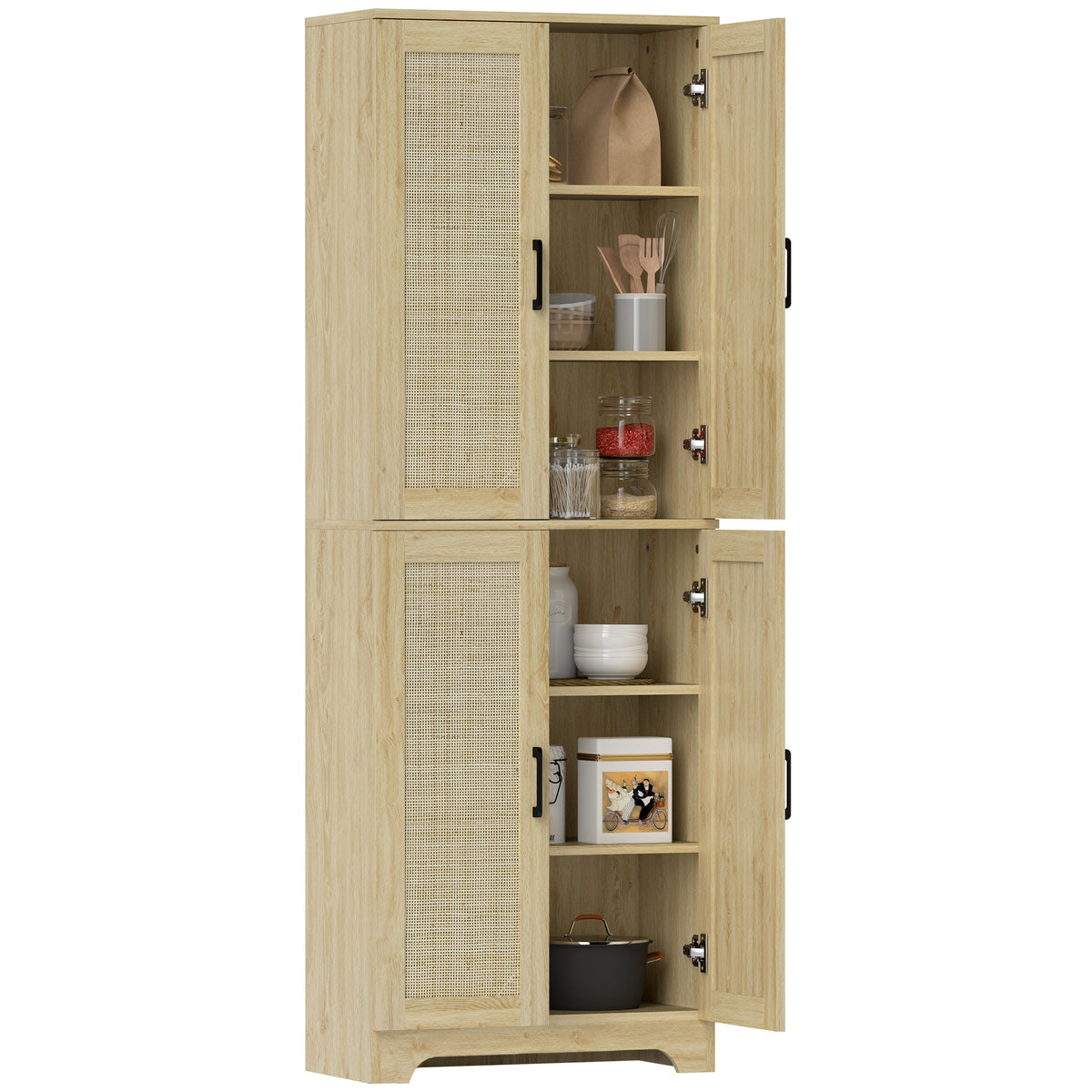 Tall Kitchen Pantry with 4 Rattan Doors and Adjustable Shelves – 24"W x 67"H