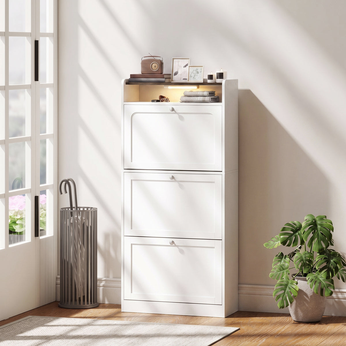Shoe Cabinet with 3 Flip Drawers and Sensor Light – 24"W x 54"H