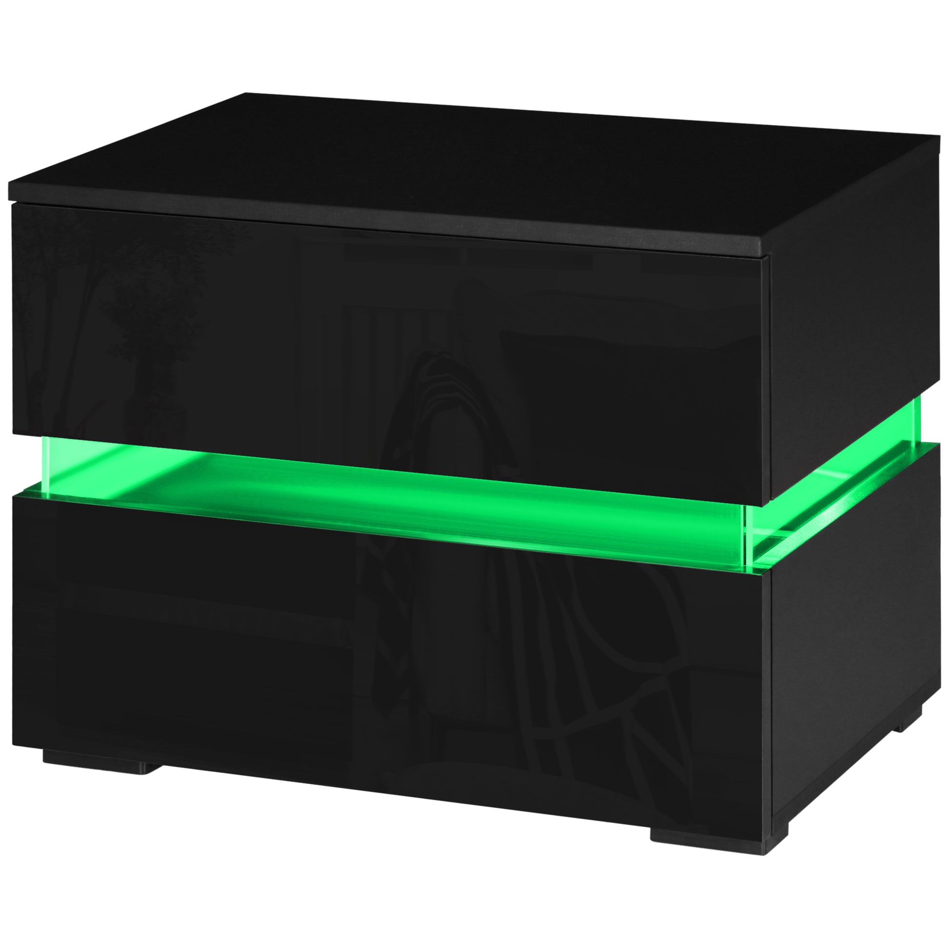 Modern Black Nightstand, 2 Gloss Drawers, USB RGB LED Remote Lights