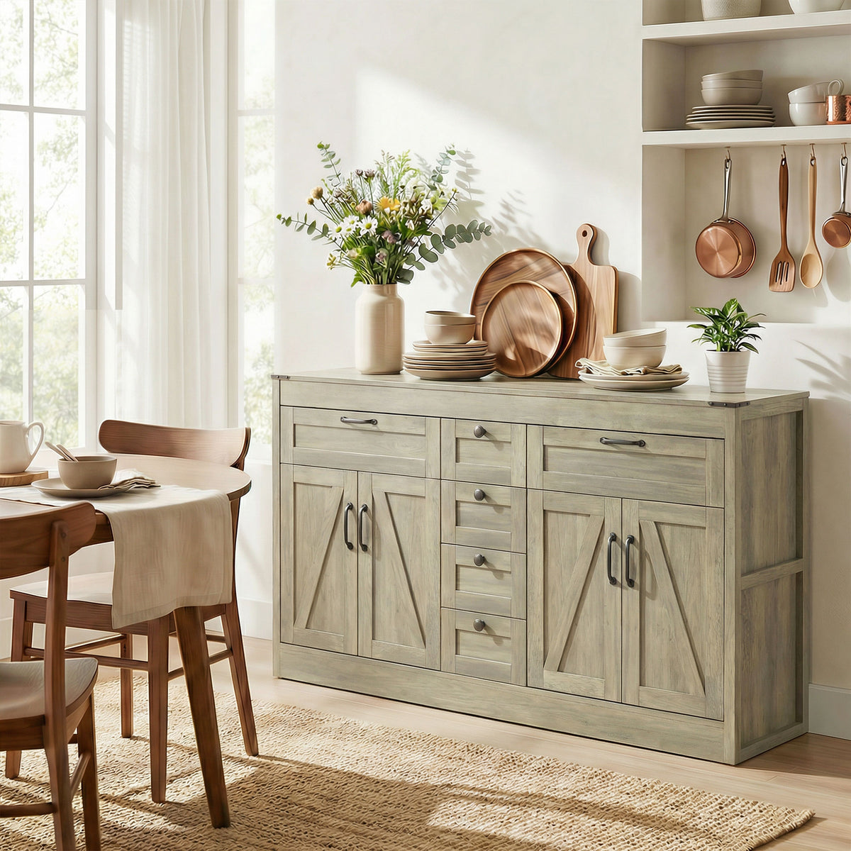 Farmhouse Kitchen Cabinet with 4 Barn Doors – 55"W x 32"H