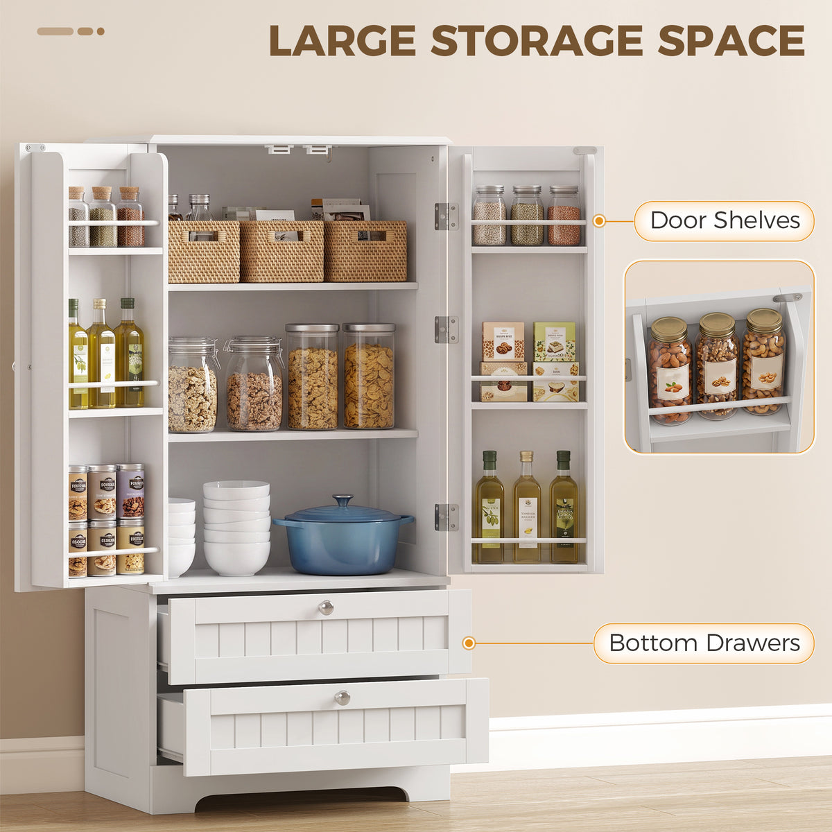 Farmhouse Kitchen Pantry with 6 Door Racks and 2 Drawers – 23"W x 47"H