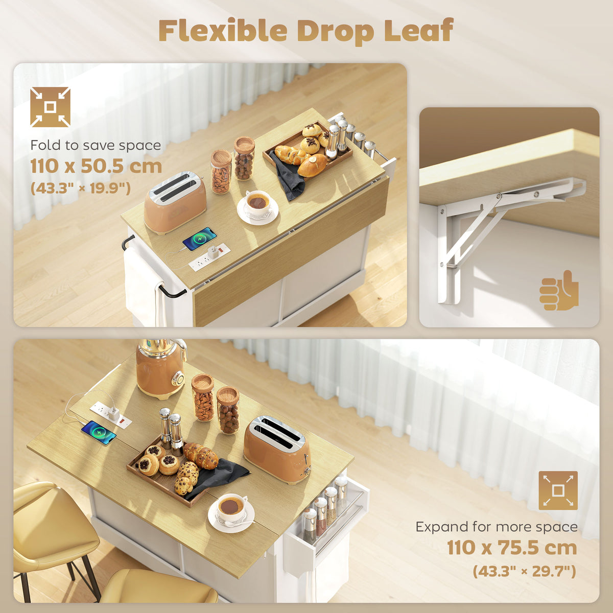 Kitchen Island Cart with Charging Station and Drop Leaf – 51"W x 35"H