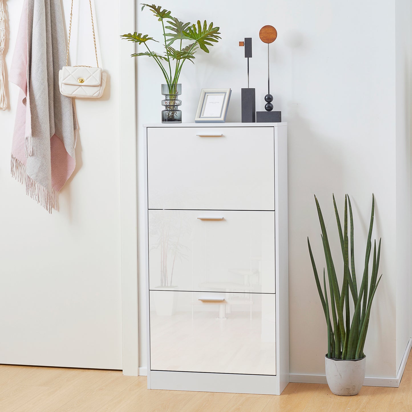 HOMCOM Slim White Shoe Cabinet: 3 Flip Drawers, Adjustable 15-Pair Storage