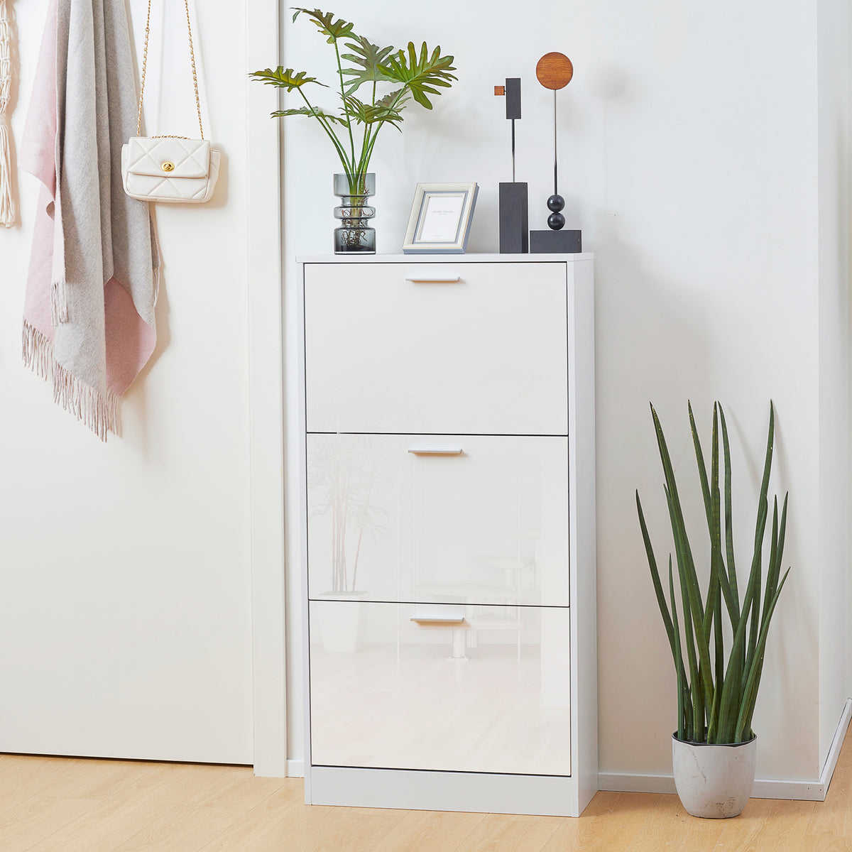 Slim Shoe Storage with 3 Flip Drawers and Adjustable Shelves – 23"W x 46"H