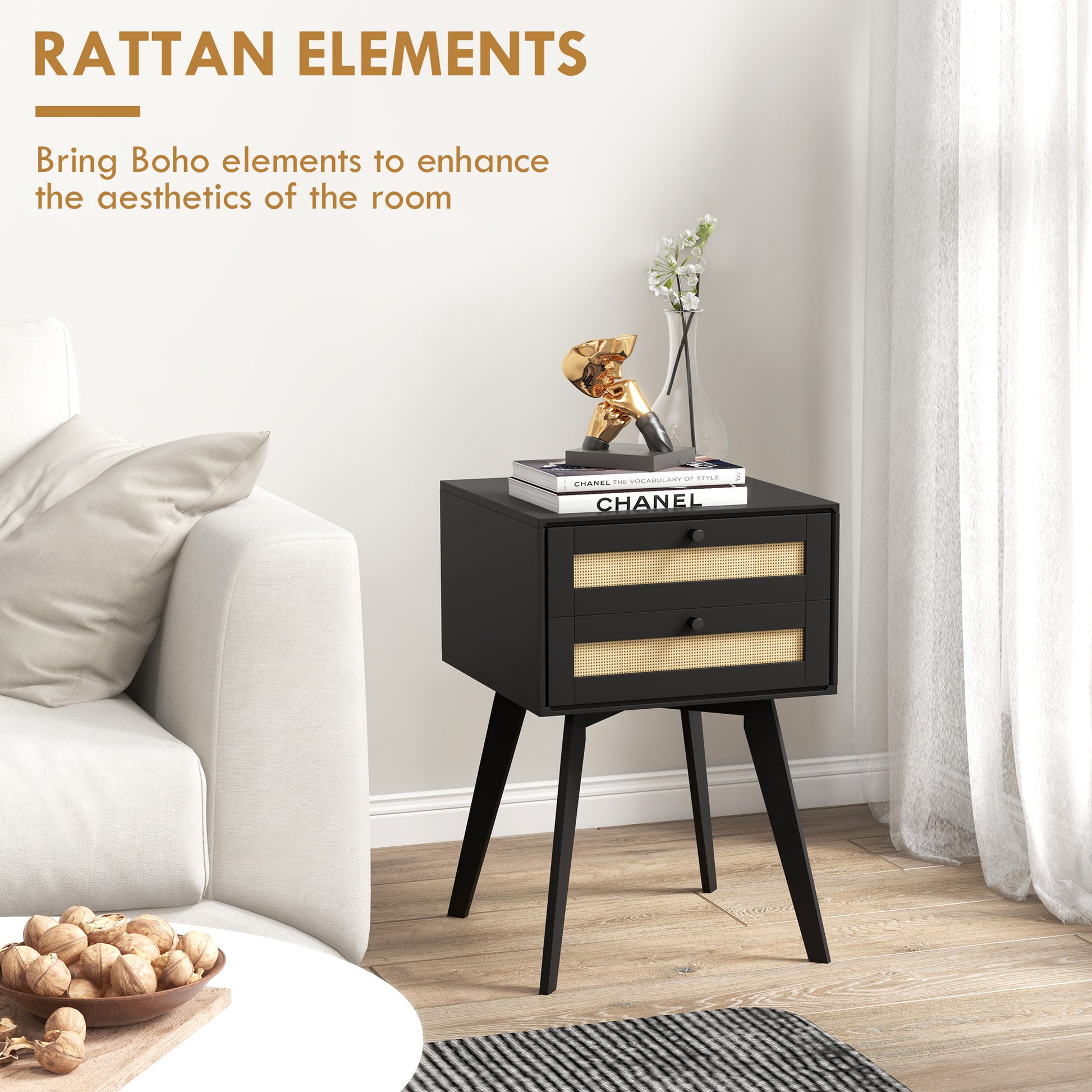 HOMCOM Boho Nightstands Set of 2 with Rattan Drawers, Square Bedside Tables