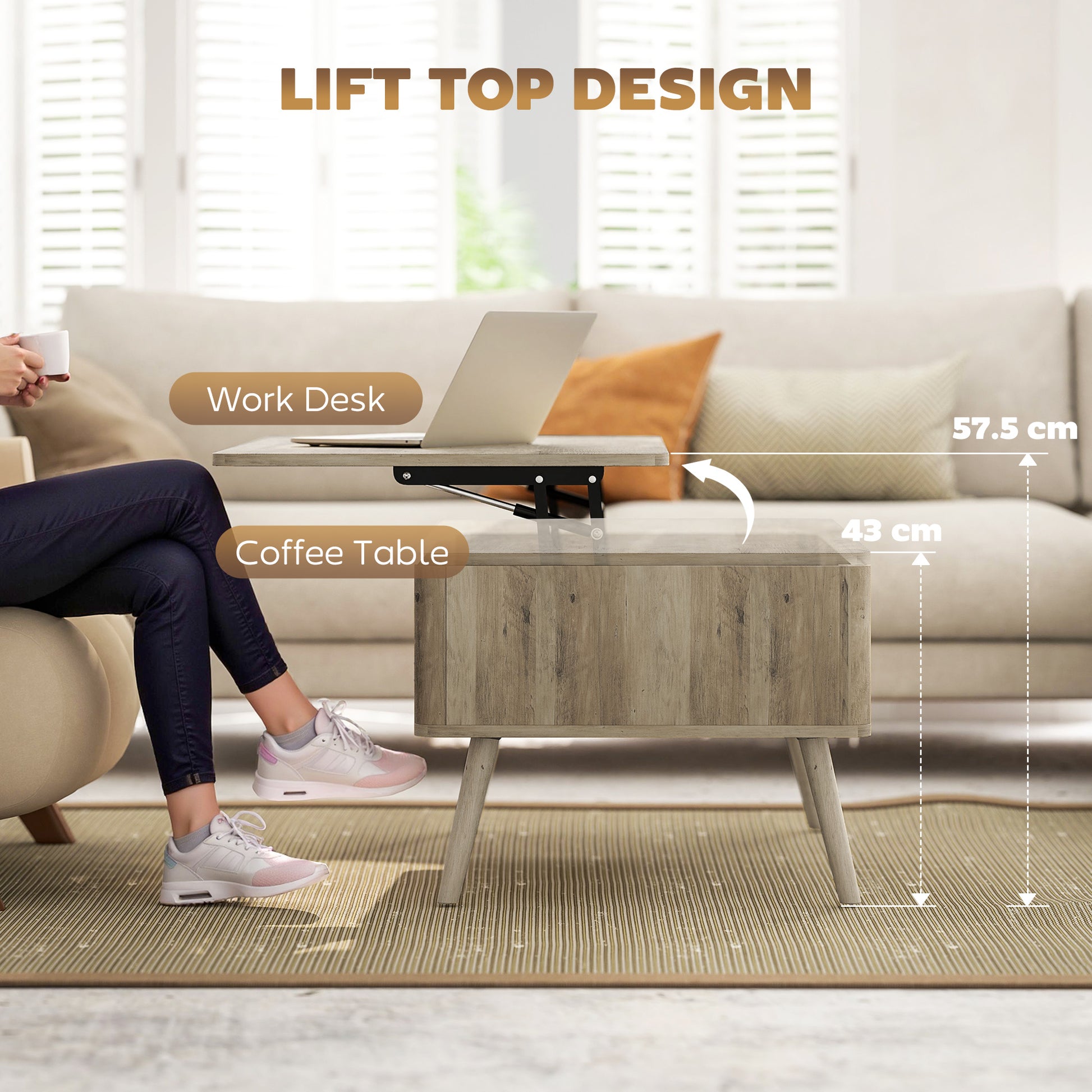 HOMCOM Modern Oak Lift Top Coffee Table with Hidden Storage, Pine Wood Legs