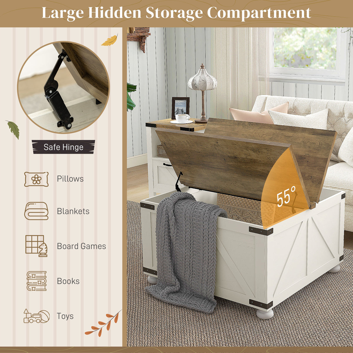 Farmhouse Square Coffee Table with Flip-Top Lids and Hidden Storage
