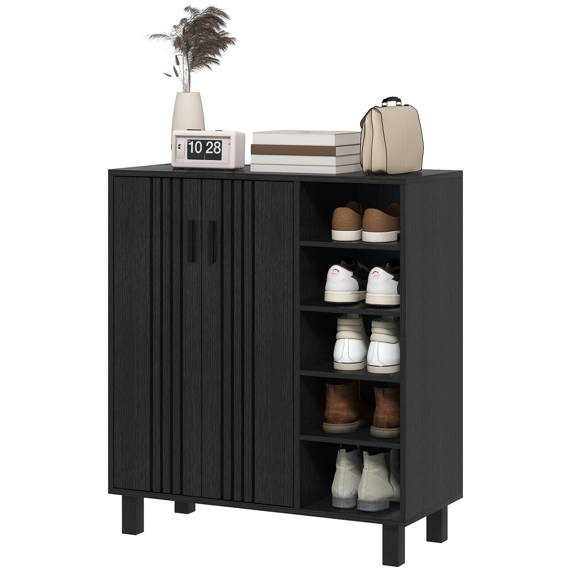 HOMCOM Black Entryway Shoe Storage Cabinet with Double Doors & Open Shelves