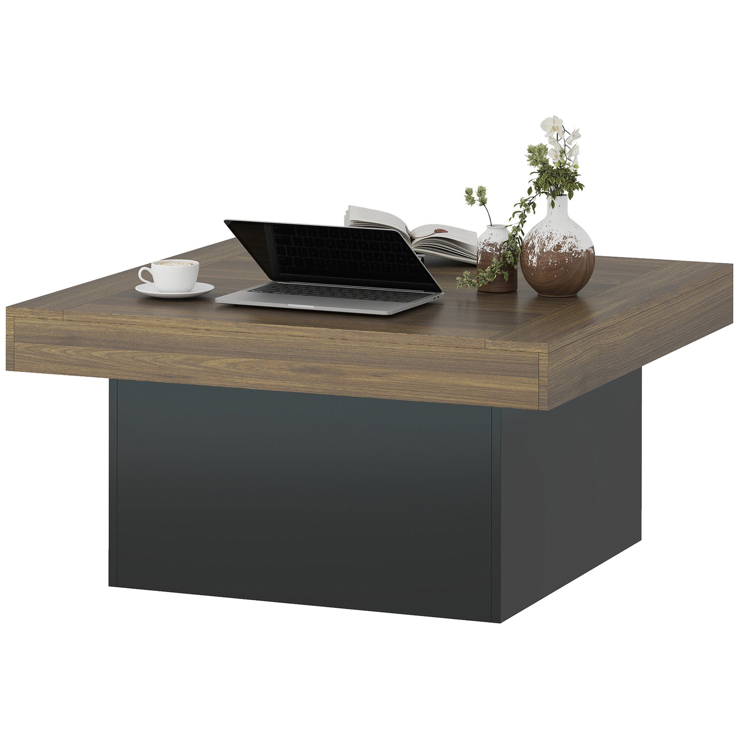 HOMCOM Modern Square Coffee Table with RGB LED Lights, Walnut Finish