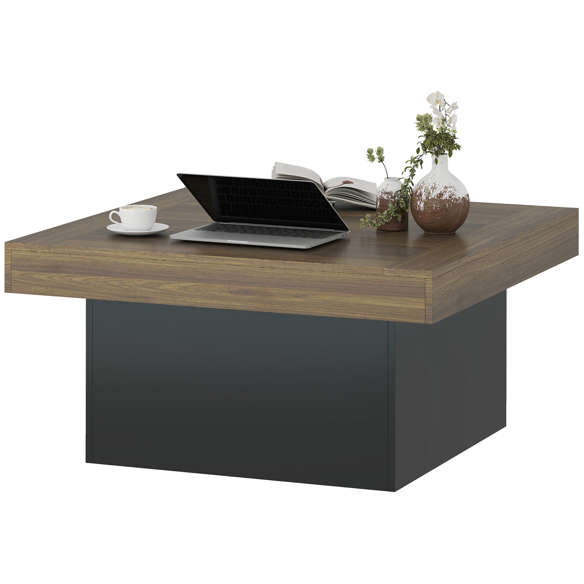 HOMCOM Modern Square Coffee Table with RGB LED Lights, Walnut Finish