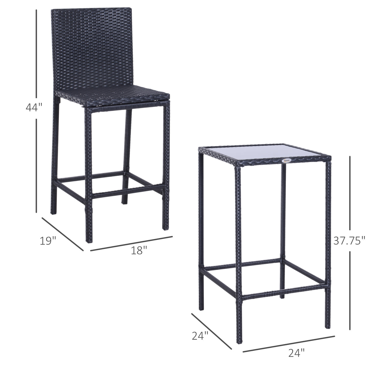 3 Piece Patio Bar Set Wicker Rattan Garden Bistro Set Barstool and Table for Patio Backyard Balcony Poolside