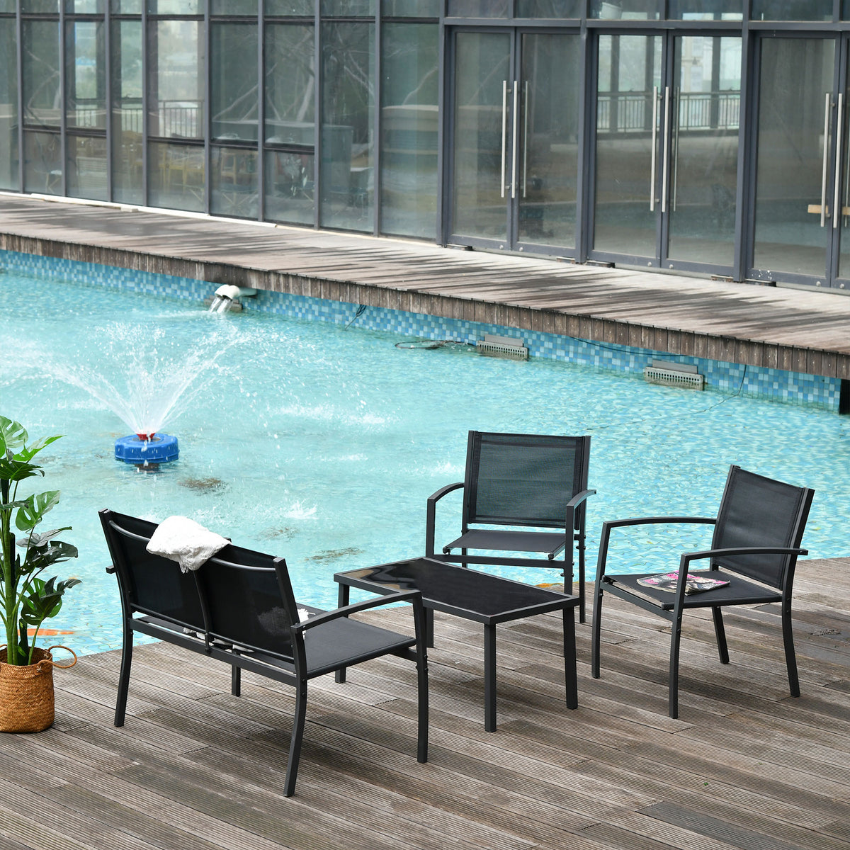 4-Piece Patio Furniture Set with Glass Top Coffee Table, Breathable Mesh Seat & Backrest for Garden, Balcony