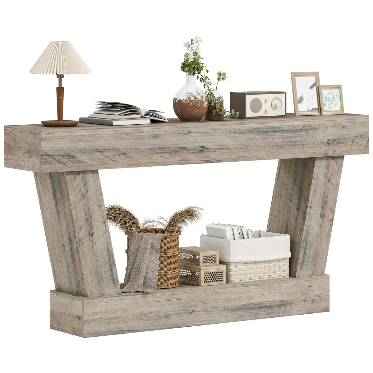 63" Vintage Console Table with Open Shelf, Light Brown