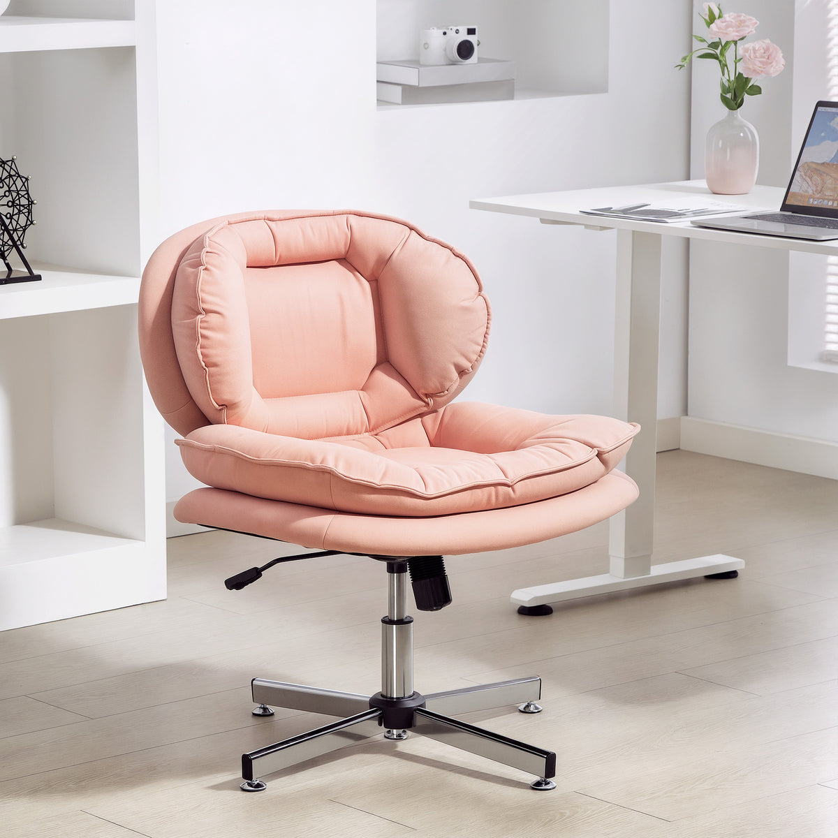 Criss Cross Chair, Armless Wide Office Chair with Leathaire Upholstery, Tilting, Pink