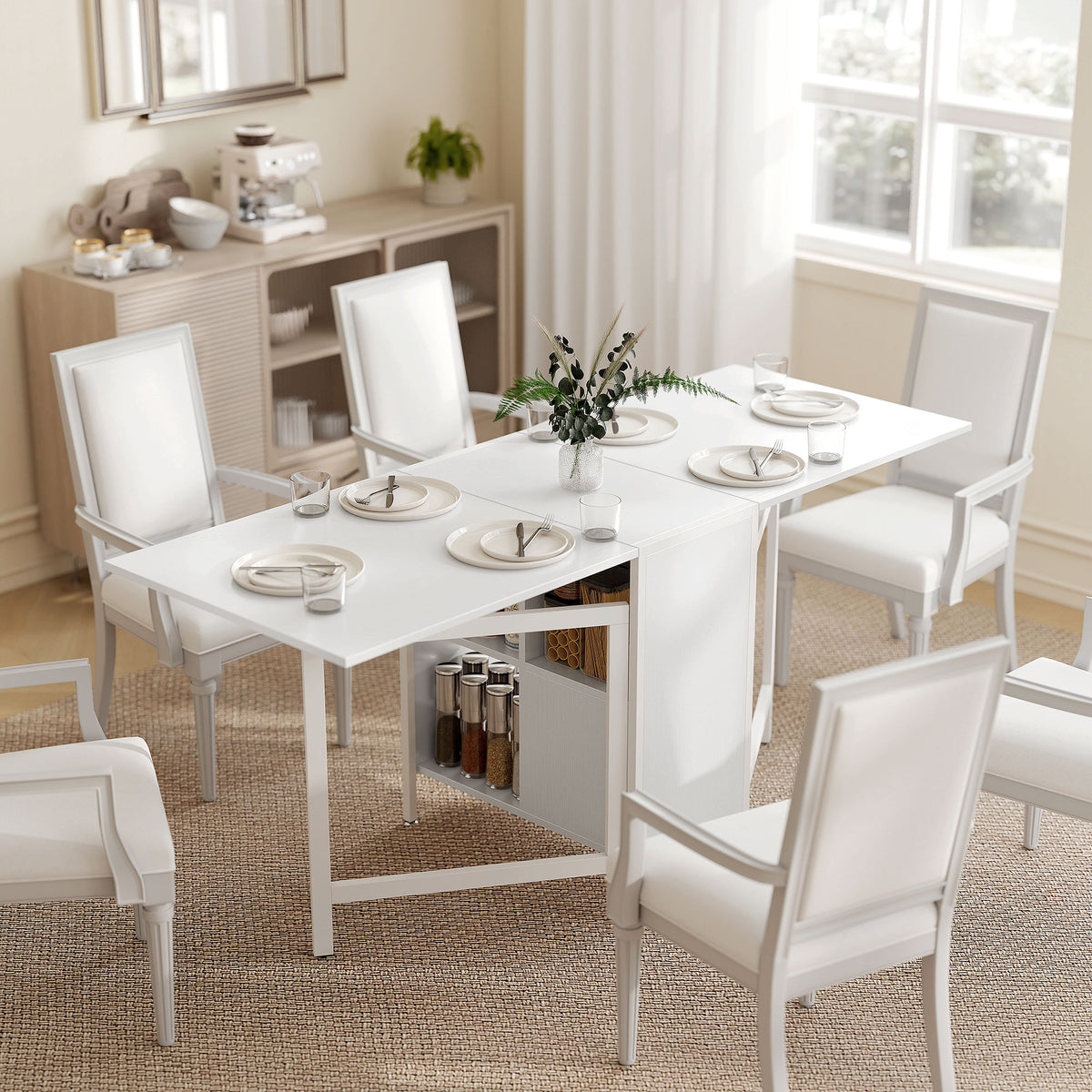 Multi-Use Foldable Dining Table with Hideaway Shelves, 66.5" Drop Leaf Table