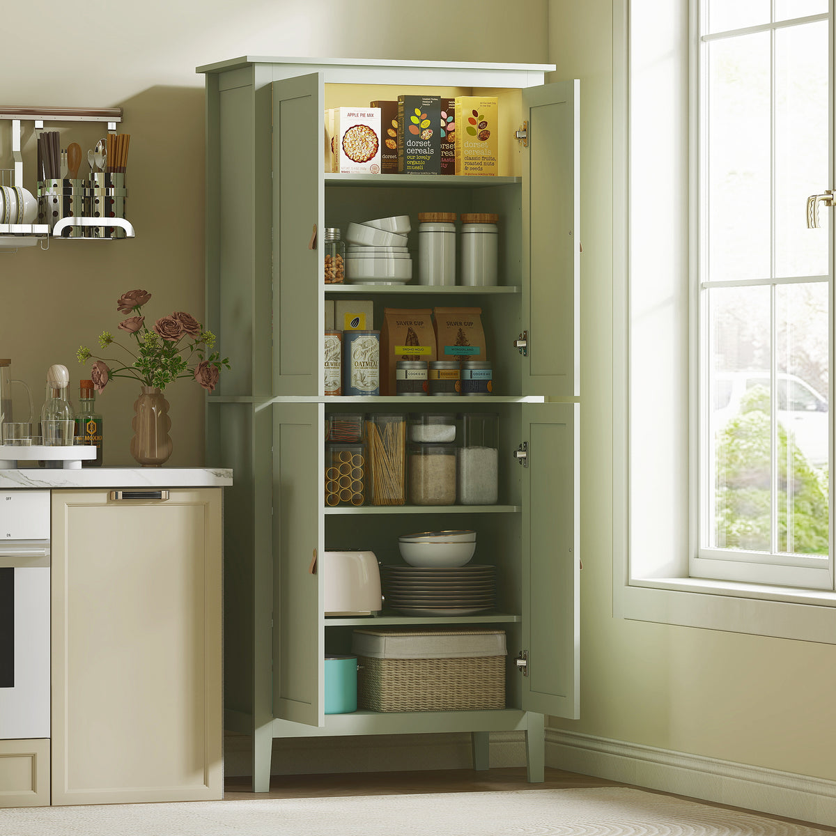 Tall Kitchen Pantry Storage Cabinet with Motion Sensor LED Light – 32"W x 70"H