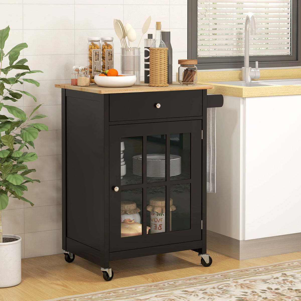 Rolling Kitchen Cart with Drawer and Glass Door Cabinet – 26"W x 34"H