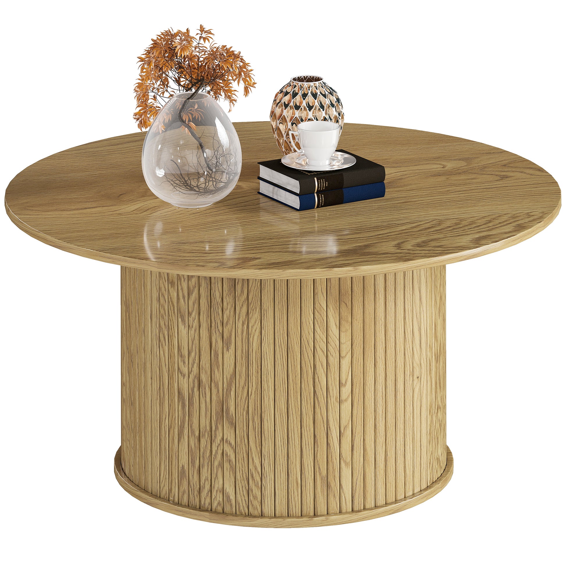 HOMCOM Nordic Round Oak Coffee Table with Fluted Cylindrical Base for Living Room