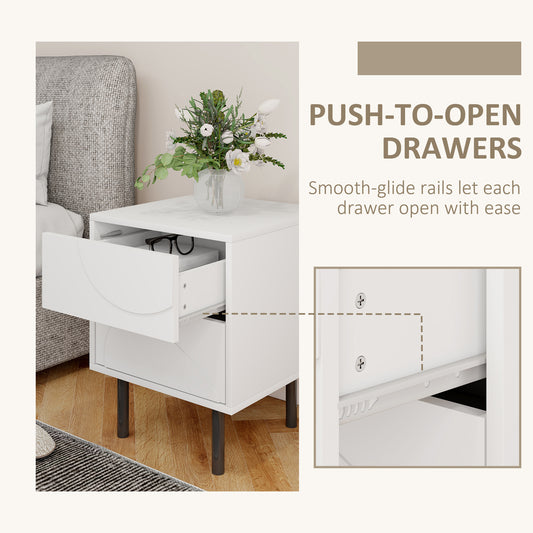 HOMCOM Modern White Nightstand Set of 2 with Push-Open Drawers, Steel Legs