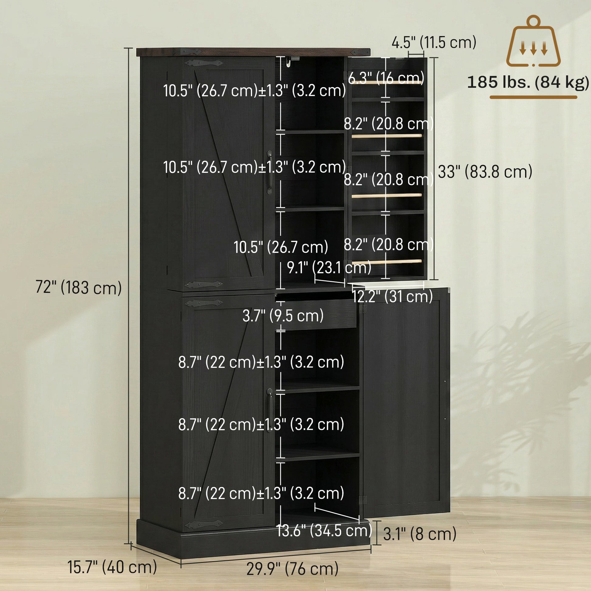 HOMCOM Tall Kitchen Pantry Cabinet Farmhouse Black