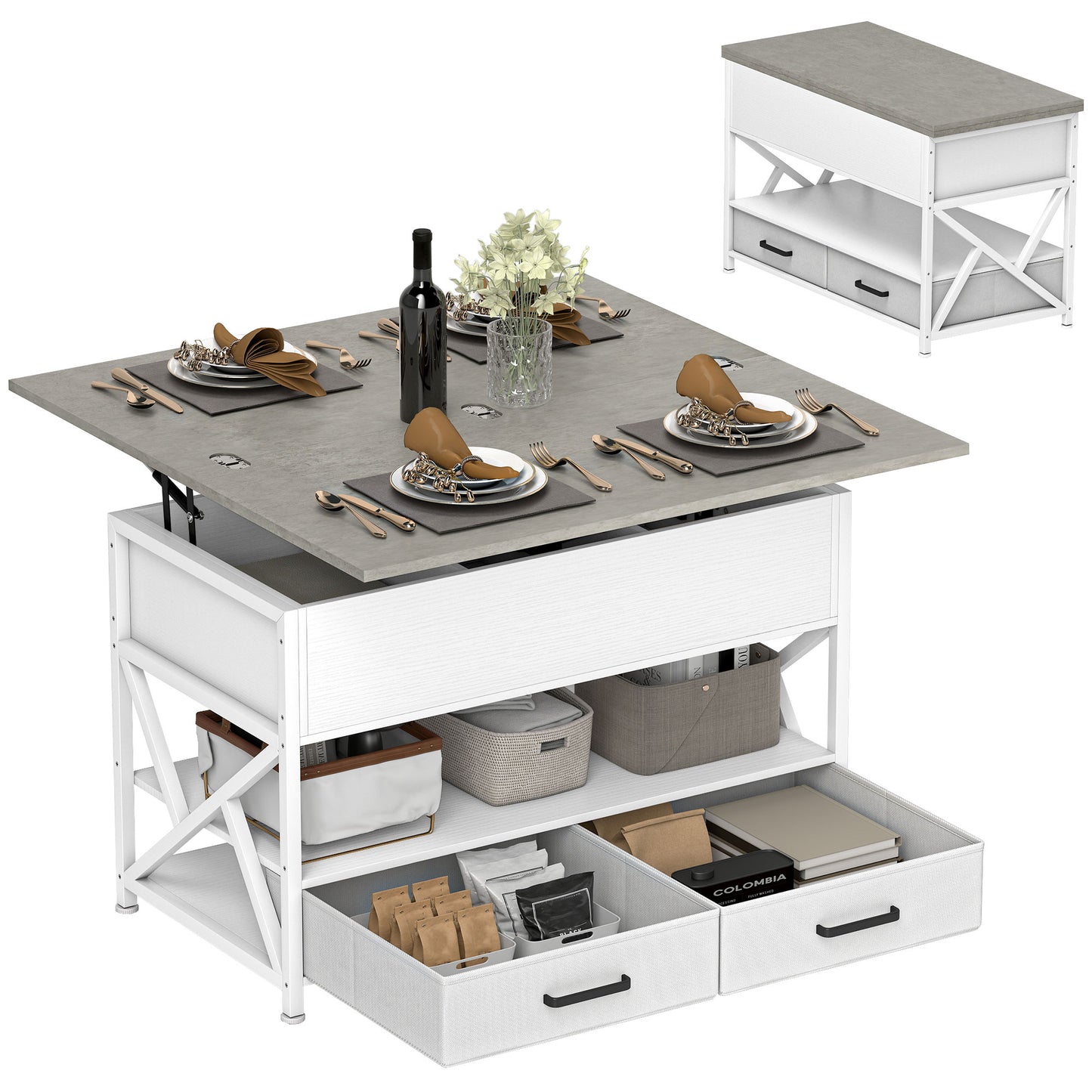 HOMCOM Modern Lift-Top Coffee Table with Fabric Drawers and Hidden Storage