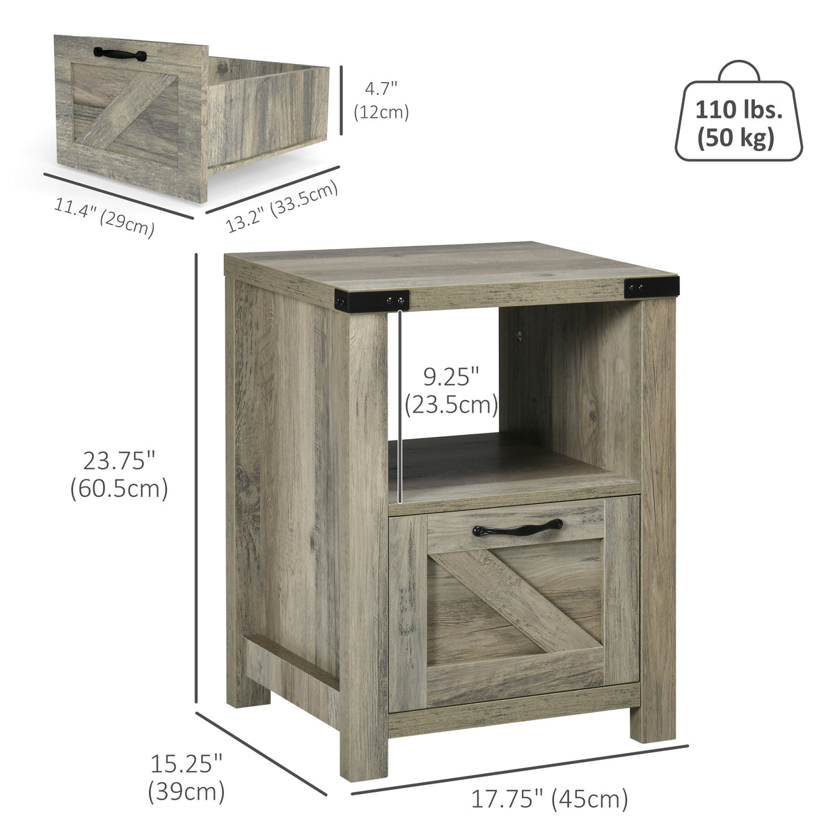 Farmhouse Nightstand with Drawer and Barn-Style Panel – 18"W x 24"H