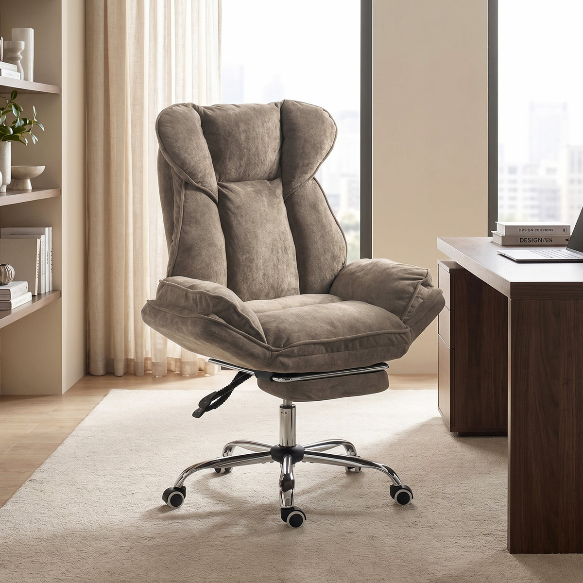 Big and Tall Office Chair with Footrest, High Back Snowflake Velvet Reclining Executive Desk Chair, Brown