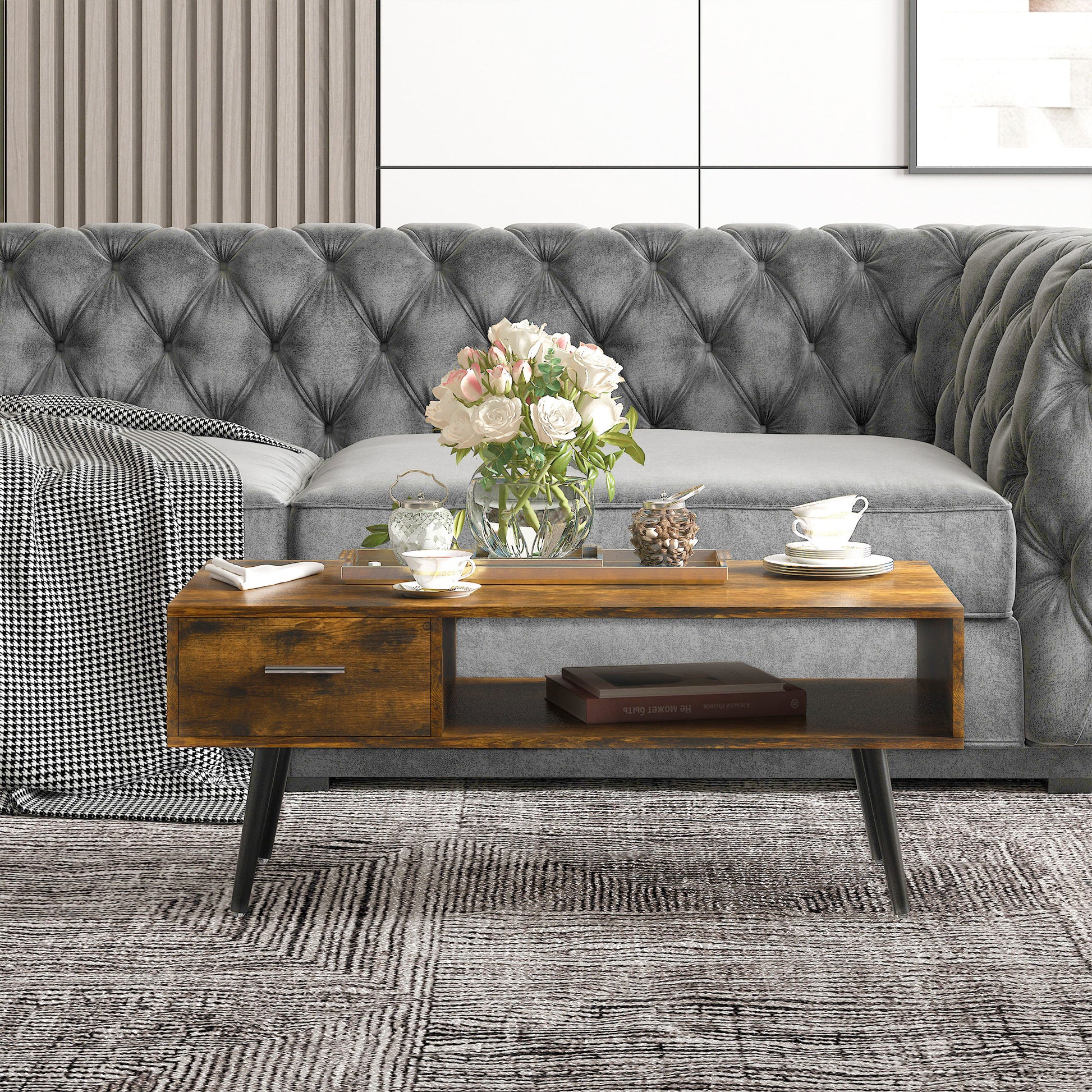 HOMCOM Retro Industrial Coffee Table with Storage Drawer & Shelf, Rustic Brown Wood