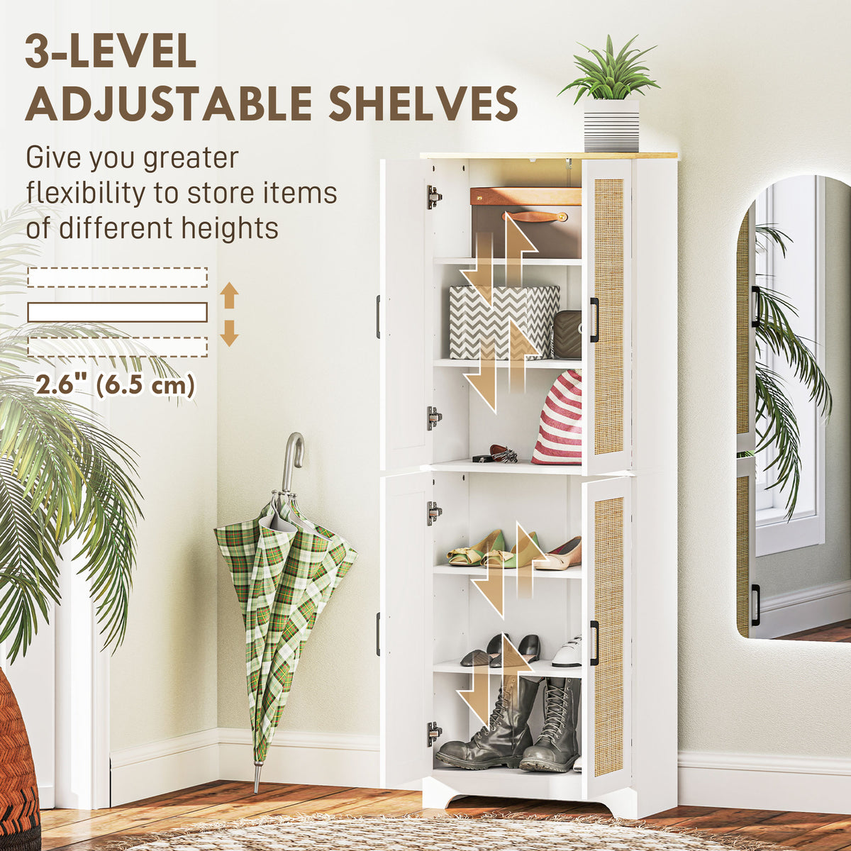 Tall Kitchen Pantry with 4 Rattan Doors and Adjustable Shelves – 24"W x 67"H