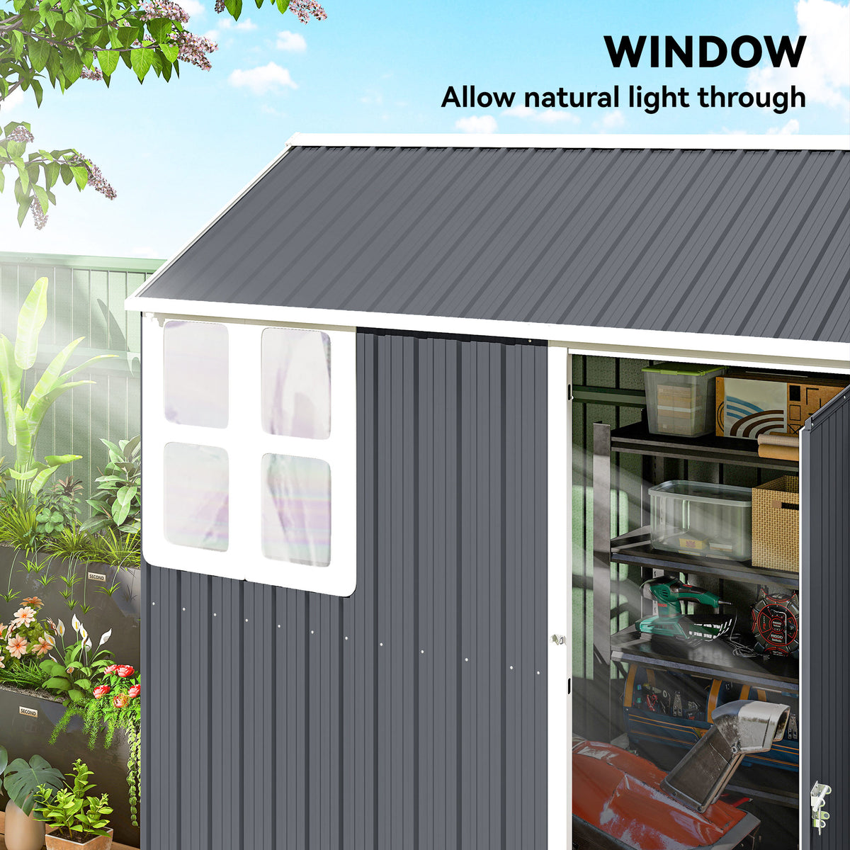 7' x 5.5' Metal Garden Storage Shed, Outdoor Tool Storage House with Lockable Door, Vents, Sloped Roof