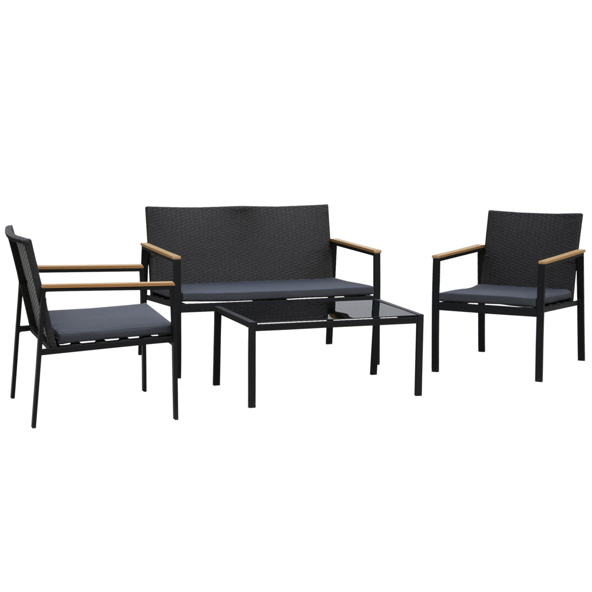 4 Pieces Wicker Patio Furniture Set with Cushions, Outdoor Rattan PE Rattan Conversation Set, Chairs and Loveseat with PS Board Armrests Decoration, Glass Top Table