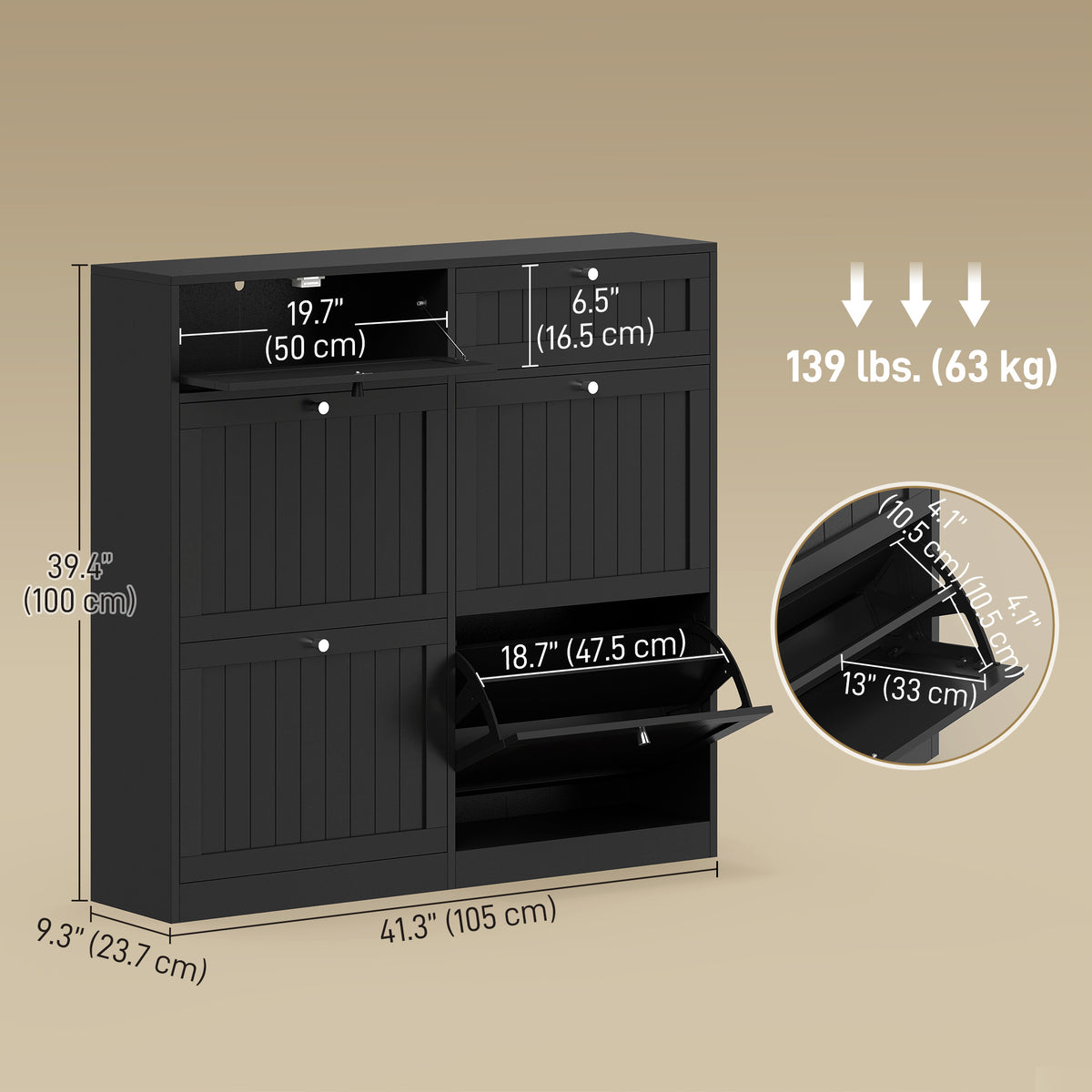 Shoe Cabinet with 2 Large Flip Drawers – 41"W x 39"H