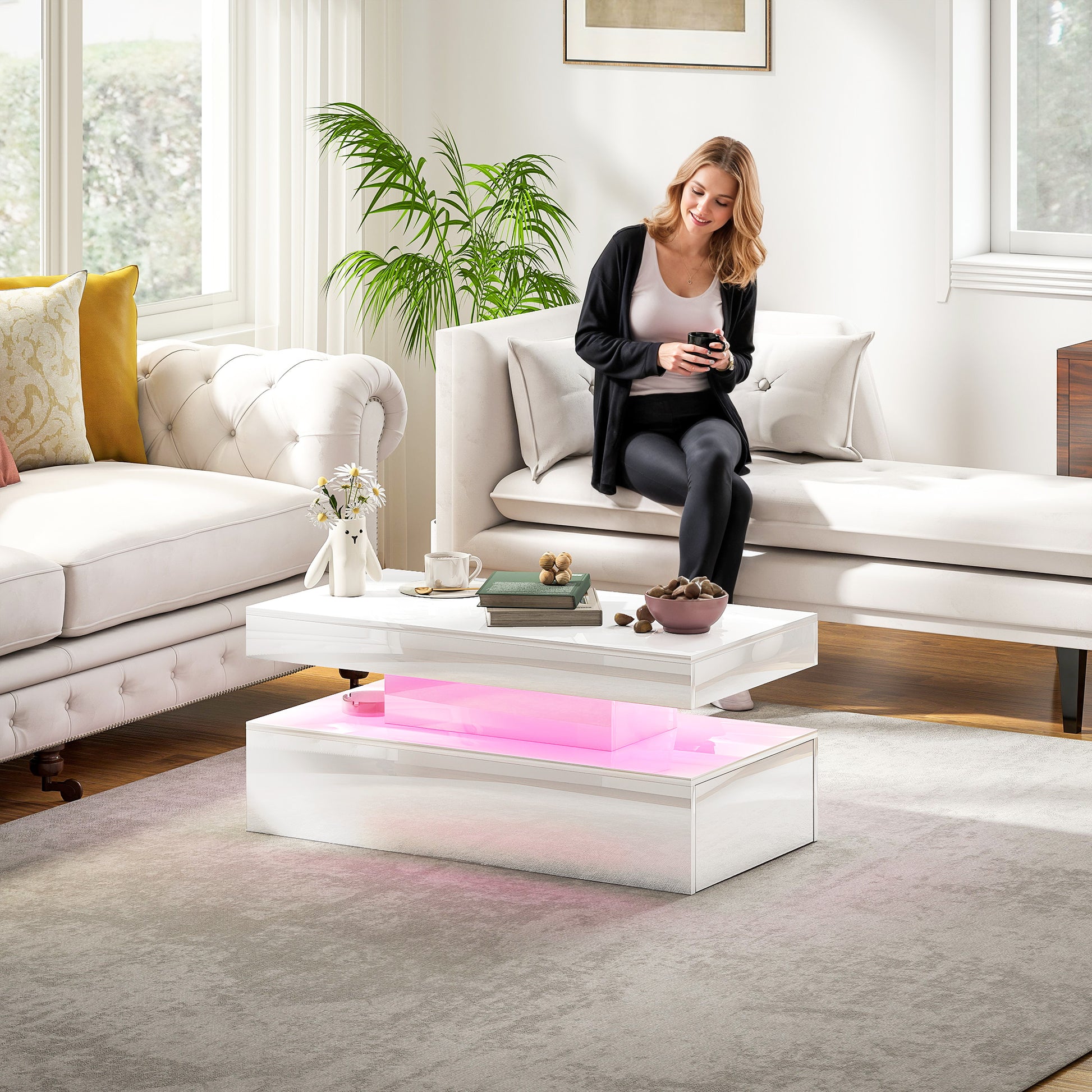 HOMCOM Modern High Gloss White LED Coffee Table with Two Drawers Storage